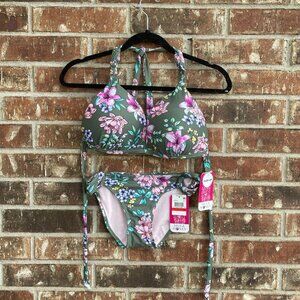 Hula Honey Push Up Green Floral Bikini Set Size: bottoms-XS top-D/DD